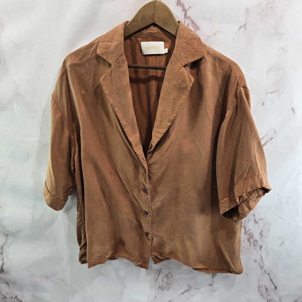 Sancia Revolve Shirt Womens Medium Orange Button Boxy Cupro Pumpkin Copper